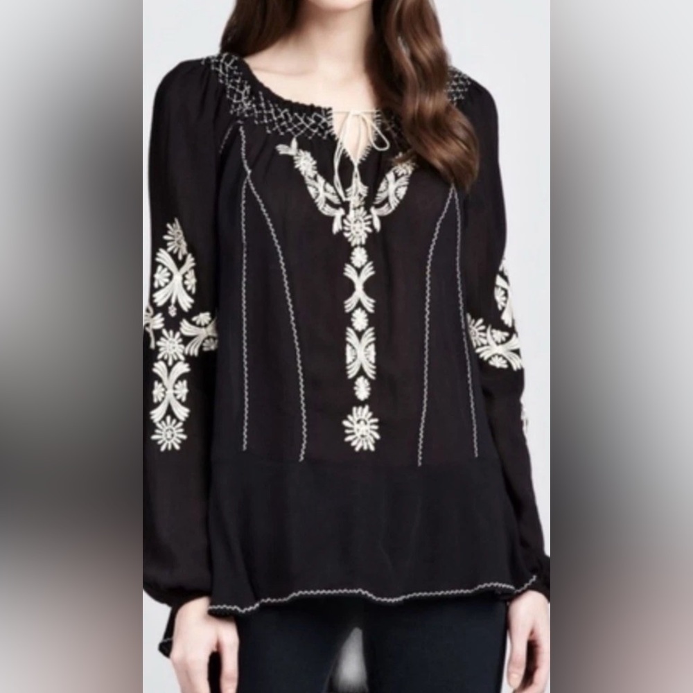 Free People Blouse Tunic Black Embroidered Floral Boat Neck Sz‎ S Gauze Bohemian